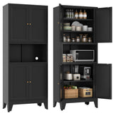 YAUWOH 69" Tall Metal Pantry Cabinet with Microwave Shelf,Microwave Storage Cabinet with 4 Doors & 3 Adjustable Shelves,Metal Cabinet with Storage for Kitchen Dining Room Living Room(1PC,Black)