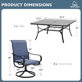 MFSTUDIO 9 PCS Patio Dining Set, 57.5" Square Table & Blue Swivel Chairs