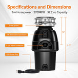 3/4 HP Garbage Disposal, TECASA Food Garbage Disposal with Power Cord, Stainless Steel Grinding System and 3-Bolt Mounting, Continuous Feed Garbage Disposals, Quiet, Taskmaid Series 75