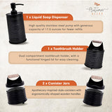 Autumn Alley Rustic Bathroom Accessories Set Black Farmhouse Soap Dispenser, Matte Black Toothbrush Holder, 2 Apothecary Jars Qtip Holder Glass - Rustic Bathroom Decor, Farmhouse Bathroom Accessories