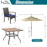 PHI VILLA 5pc Patio Dining Set with Umbrella, Square Table, Rattan Chairs