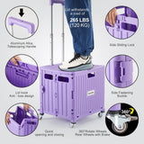 Foldable Utility Cart Folding Portable Rolling Crate Handcart with Durable Heavy Duty Plastic Telescoping Handle Collapsible 4 Rotate Wheels (Purple)