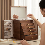 Homruilink Black Walnut Wooden Jewelry Box, Wood Jewelry Organizer with 2 Side Doors Mirror Lockable Classical Style for Watch Necklace Ring Earring Storage Gifts-6 Layer