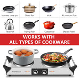 Hot Plate Double Burner for Cooking, 1800W Countertop Electric Stoves | Silver Techwood