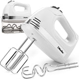 Mueller Electric Hand Mixer, 5 Speed with Snap-On Case, 250 W, Turbo Speed, 4 Stainless Steel Accessories, Beaters, Dough Hooks, Baking Supplies for Whipping, Mixing, Cookies, Bread, Cakes, White