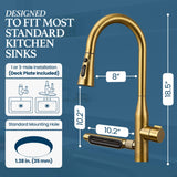 STiLWERK Waterfall Kitchen Faucet with Pull-Down Sprayer, 3 Flow Modes (Sweep/Stream/Waterfall), 360° Swivel, Stainless Steel Sink Faucet for Farmhouse, Camper, Bar, Laundry, Rv, Brushed Gold