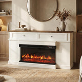 63 inch Fireplace TV Stand for TVs up to 70" with 3-Sided Electric Fireplace with Mantel, Modern Media Entertainment Center, Farmhouse TV Console for Living Room with Drawers, Antique White