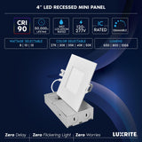 LUXRITE 4 Inch Square Canless Spotlight, LED Recessed Light, 5CCT 2700K-5000K, Dual Dimmable, 650/800/1066 Lumens, CRI 90, 8W/10W/13W Selectable, 120-277V, IC Rated, Wet Rated, ETL Listed (12 Pack)
