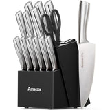 Astercook Knife Set, Kitchen Knives Set with Block and Sharpener Full Tang 15 Pcs Premium Stainless Steel Knives, Dishwasher Safe Knife Set with Anti-slip Ergonomic Handle, Black, Mothers Day Gifts