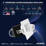 LUXRITE 4 Inch Recessed Light, Regressed Canless LED Spotlight, 5CCT 2700K-5000K, CRI90, 22W, 1700 Lumens High Output, 60º Wide Flood, Square White Baffled Trim, Dual Dimmable, IC & Wet Rated (4 Pack)