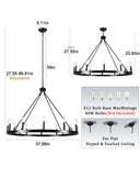12-Light Black Wagon Wheel Chandelier for Dining Room Farmhouse Pendant Light Fixtures Outdoor for Rustic High Ceilings Round Chandeliers for Living Room Entryway Foyer Kitchen Island,38",E12
