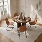 HIPIHOM Modern Round Dining Table Set for 4, 39.4" Walnut Kitchen Table with 4 PU Leather Chairs, 5-Piece Mid-Century Dining Room Set for Small Spaces, Pedestal Base