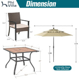 PHI VILLA 5pc Patio Dining Set with Umbrella, Square Table, Rattan Chairs