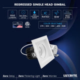 LUXRITE 1-Head Regressed Gimbal LED Recessed Spotlight, 360°+15° Adjustable, 5CCT 2700K-5000K, CRI90, 15W, 1000 Lumens, 60° Beam Angle, Square White Finish, Dual Dimmable, IC & Wet Rated (4 Pack)