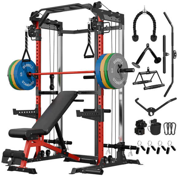Mikolo Power Cage, 2000LB Power Rack with Independent Dual Pulley System, Multifunction Home Gym Workout Machine for Cable Crossover (Red Package) Mikolo