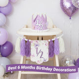 Purple Handmade Half Birthday Decorations, 6 Month Party Set with High Chair Banner, Hat & Cake Topper, Half Way to One Baby Girl Decorations Party for 1/2 Birthday Girl Photoshoot Props
