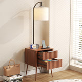 HNEBC Fluted nightstand Set 2 with - with 3-Color Lights and Lampshades,Modern Night Stand with Charging Station,LED Bedside Table with 2 Drawers,Tall Side Table for Bedroom,Walnut