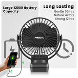 Portable Clip on Fan 65 Working Hours, Camping Fan with LED Lights & Hook, 12000 Capacity Battery Operated Fan with Clamp, USB Rechargeable for Desk, Tent, Treadmill, Stroller, Golf Cart, Home FRIZCOL