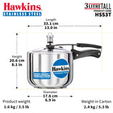 Hawkins Pressure Cooker, Stainless Steel Inner Lid Cooker, Tall Design Cooker, Induction Cooker, Silver Hss3T, 3 Liter 3 Litre