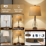 OYEARS Bedside Table Lamps Set of 2 with USB, Modern Bedside Lamps Retro Farmhouse Rattan Glass Nightstand Nightlight Lamps for Bedroom Living Room Dorm,Two Light Points
