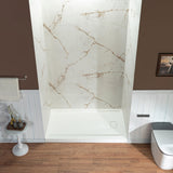 Woodbridge 60" W x 96" H 3-Piece Solid Surface Tile Tub and Shower Wall Panel Surround Kit in Beige Marble with Soft Brown Veining