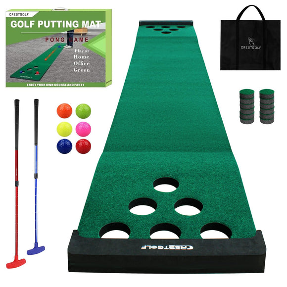 Golf Pong Mat Game Set Green Mat, Golf Putting Mat with 2 Adjustable Golf Putters, 6 Golf Balls,12 Golf Hole Covers Crestgolf