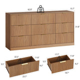 NOVAMAISON Fluted Dresser for Bedroom with 9 Drawer, 63” Wide Wooden Dresser Mid Century Chest of Drawers with Handle, Dressers TV Stand Storage Organizer for Bedroom, Living Room, Natural Wood