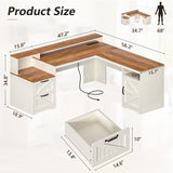 63" Farmhouse L Shaped Executive Desk with Drawers & Storage Shelf,