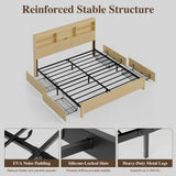 Uteeran King Size Bed Frame and Tall Headboard & Storage, Metal Platform Bed Frame with 4 Storage Drawers, King Bed Frame with LED Lights & Charging Ports, No Box Spring Needed, Noise-Free, Natural