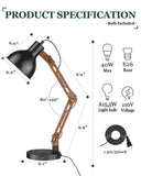 ELYONA Modern LED Desk Lamp with Upgraded Wireless Charger & USB C Charging Port Sapele Wood Table Lamp Swing Arm Bedside Reading Task Light for Dorm Office Bedroom Living Room Bulb Included Black
