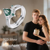 Oseew Natural Moss Agate Ring for Women 2CT Kite Cut 2 Pieces Engagement Ring Set 10K/14K/18K Solid Gold/Sterling Silve Personalized Wedding Leaf Vintage Bridal Promise Ring for Women (Style 3