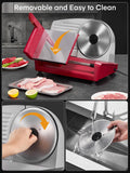 FOHERE 250W Meat Slicer Machine for Home, Electric Food Slicer with Stainless Steel Tray & Three 7.5" Stainless Steel Blade, 0-15mm Precise Thickness Deli Meat Slicer for Bread Fruit Vegetable (Red)