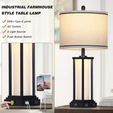 27" Tall Vintage Table Lamp Set of 2 with USB C+A & Outlet,Black Industrial End Table Lamp for Living Room,Farmhouse Rustic Bedside Lamps with Frosted Glass Night Light for Bedroom Nightstand,Black