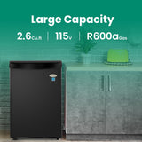 roomwell E-Star 2.6 Cu Ft Mini Fridge without Freezer - Black Mini Fridge AUTO DEFROST, Reversible Single Door, Glass Shelf Refrigerator - A Space-Saving Marvel for Your Bedroom, Dorm, and Office