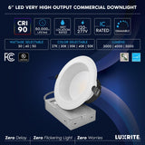 LUXRITE 6" Inch Commercial LED Recessed Light with J-Box, 5 CCT Options 2700K-5000K, 3 Wattages 30/40/50W, 0-10V TRIAC Dimmable, CRI90, 3000/4000/5000 Lumens, 120-277V, Wet Rated, IC Rated (4 Pack)