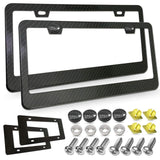 Carbon Fiber License Plate Frame- Black Aluminum Auto Car Tag Cover, 2 Pack Heavy Duty Holder for US Front and Rear Plate, with Mounting Hardware Kit- Screws Bolts, Inserts, Caps, Rattle Proof Pads