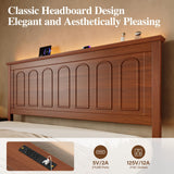 Uteeran Queen Size Bed Frame with Tall Headboard, Mid Century Modern Wood Platform Bed with Charging Ports and LED Lights, Solid Wood Slat Support, No Box Spring Needed, Easy Assembly, Warm Brown