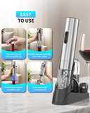 CIRCLE JOY Electric Wine Opener 7-in-1 Stainless Steel Rechargeable Electric Wine Bottle Opener Set with Automatic Vacuum Pump, Foil Cutter, Wine Pourer, 2 Vacuum Stoppers & Charging Station, Silver