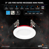 LUXRITE 3 Inch Ultra Thin LED Fire Rated Recessed Lights, 5CCT 2700K/3000K/3500K/4000K/5000K, 2 Hour Fire Rating, 550LM, 6.5 Watt, Dimmable, Baffle, IC & Wet Rated, UL Listed (12 Pack)