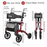 Rollator Walker for Seniors/Adults Foldable Rolling Walker with Seat 330 lbs Capacity 4 Big 8 inch Wheels Hand Grips Adjustable Height Lightweight Aluminum Walker 7205(Red)