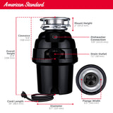 American Standard 10-US-AS-7 Garbage Disposal Anti-Jam Stainless Steel Food Waste Grinding System, Heavy Duty, 3/4 HP, Black