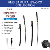 HMS Japanese Samurai Katana and Wakizashi Daisho Combo Set, Warrior and House Tsuba, Hand Forged Heat Tempered, 1045 Carbon Steel, Black Wooden Scabbard