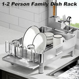 Ewaiira Dish Drying Rack, 304 Stainless Steel Dish Racks for Kitchen Counter, Dish Drainers with Automatic Drainage, Utensil Holder & Cups Holder, Space Saving Kitchen Organizer, Gray