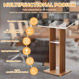 Portable Wooden and Acrylic Podium Lectern with Wheels, Wood Speaking Churches Pulpit Stand Design with 2 Storage Shelves