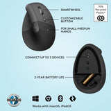 Logitech Lift Vertical Ergonomic Mouse, Wireless, Bluetooth or Logi Bolt USB Receiver