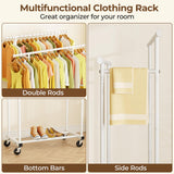 HYSEYY Double Rods Clothes Rack, Rolling Clothing Rack for Hanging Clothes Portable Wardrobe Rack, Metal Garment Rack Sturdy Coat Rack for Bedroom Laundry Living Room, White