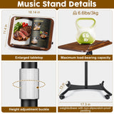 2 in 1 Dual-use Music Stand & Desktop Book Stand, Adjustable Height 16.5"-51", 100% Solid Wood Laptop Floor Stand Book Holder with Elastic Page Clips for Cookbooks (Black Walnut with Tray and Wheels)