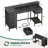 47 Inch Computer Desk with 5 Fabric Storage Drawers,Gaming Desk with Power Outlets & LED Lights