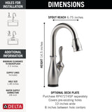 Delta Leland Touchless Bar Faucet with Touch Technology, Brushed Nickel Prep Sink Faucet with Pull Down Sprayer, Single Hole, SpotShield Stainless 9678TL-SP-DST