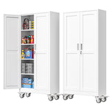 PAOFIN 71''H Tall Metal Garage Storage Cabinet with Wheels,Steel File Cabinets with 2 Doors and 4 Adjustable Shelves for Home Office, Warehouse, Required Assembly,White